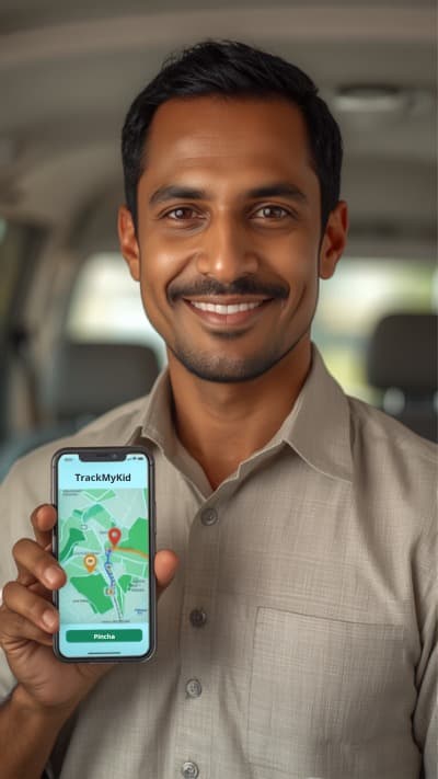 A driver holding up his phone, showing the TrackMyKid driver app with today's route on screen