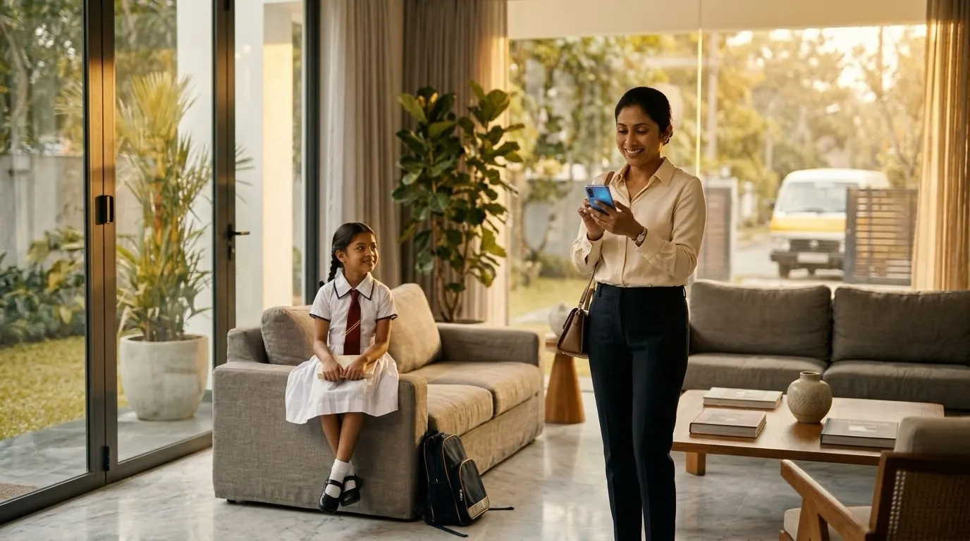 The same room in warm light: the mother smiles at her phone and the school van is arriving at the gate.